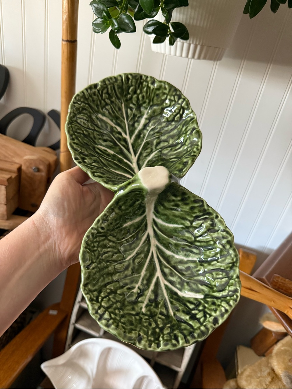 Green Ceramic Cabbage Leaf Double Dish